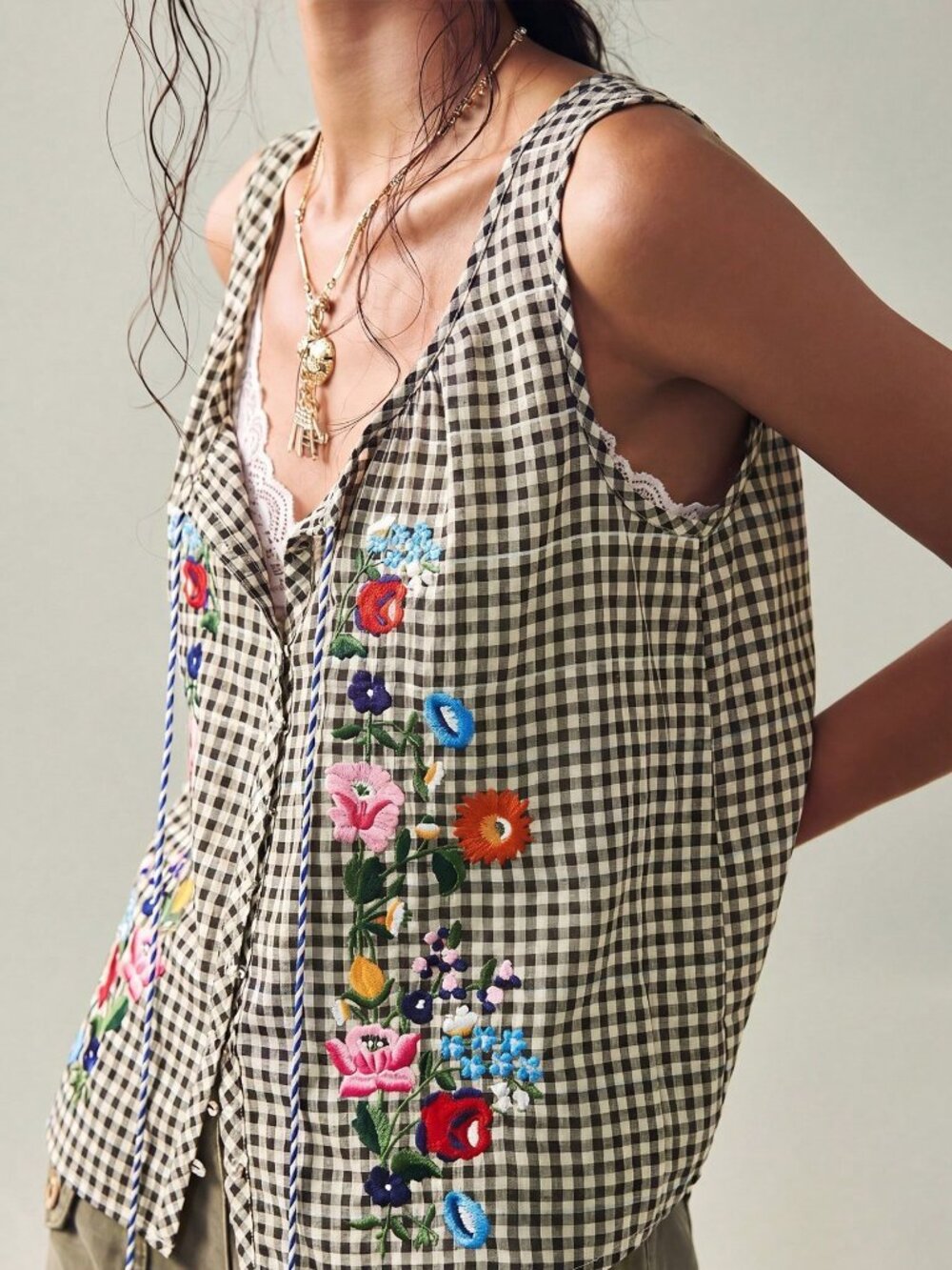 Boho Women's Gingham Embroidered Sleeveless Square Neck Tassel Front Blouse - Picture 6 of 8